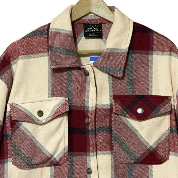 HFX Shirt Jacket L Red Plaid Snap Closure Pocket Midweight Shacket Outerwear NWT - Picture 5 of 11